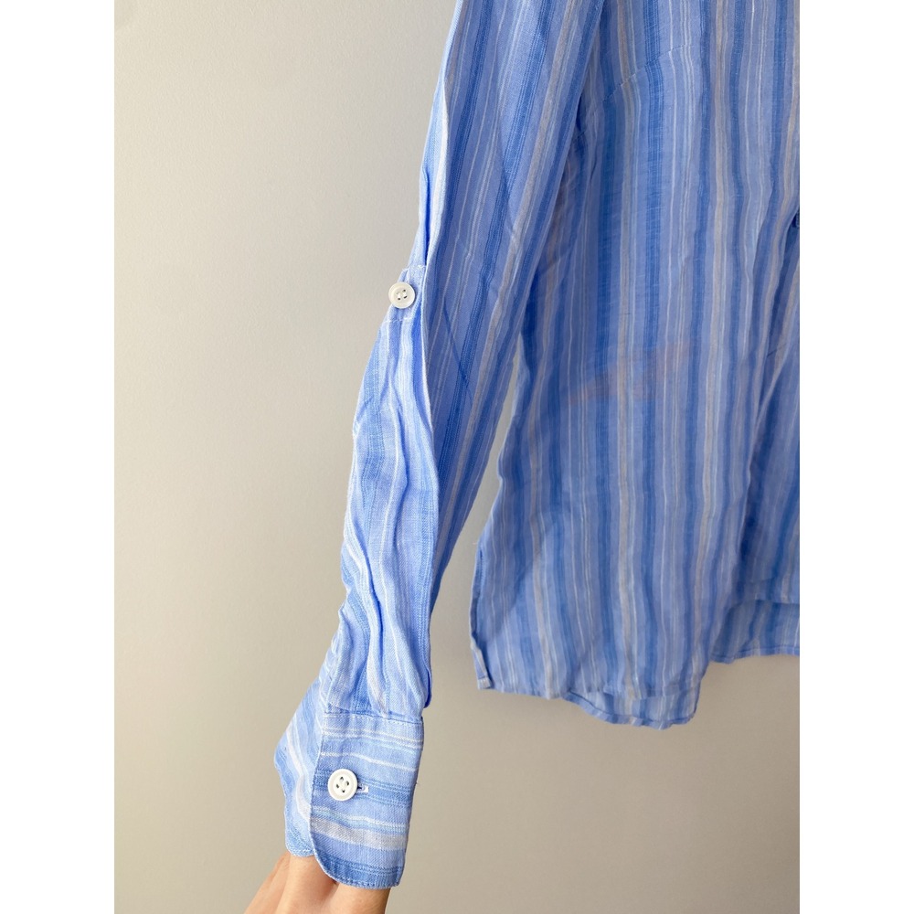 Coldwater Creek Womens 100% Linen Popover Blouse L Petite Blue Striped Coastal - Picture 3 of 9